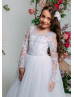 Long Sleeves White Lace Tulle V Back Flower Girl Dress